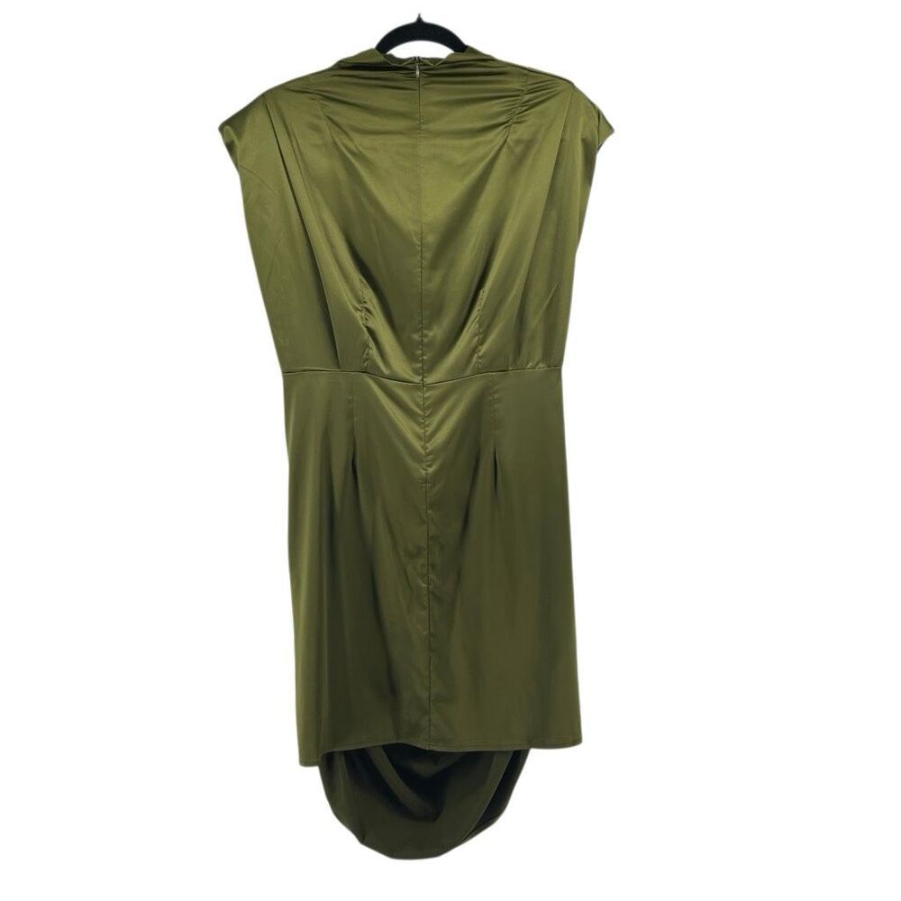 Olive Satin Draped Ruched Mini Dress XL Cowl Neck Cocktail Wedding Guest - Picture 3 of 15
